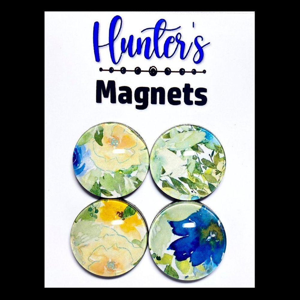 Set of 4 Magnets - Spring Floral Blue Glass Refrigerator Kitchen Whiteboard